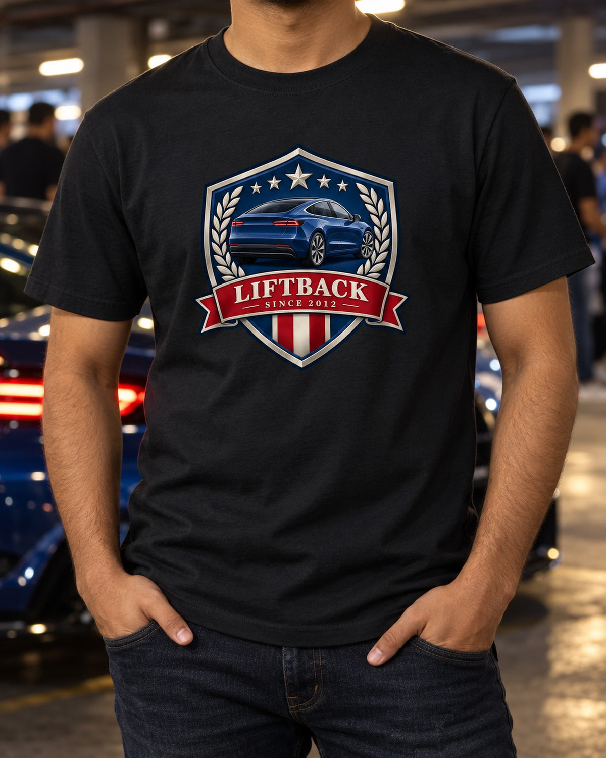 Tesla Model S Plaid Liftback Heritage Crest Shirt, Since 2012 T-Shirt Black worn hero
