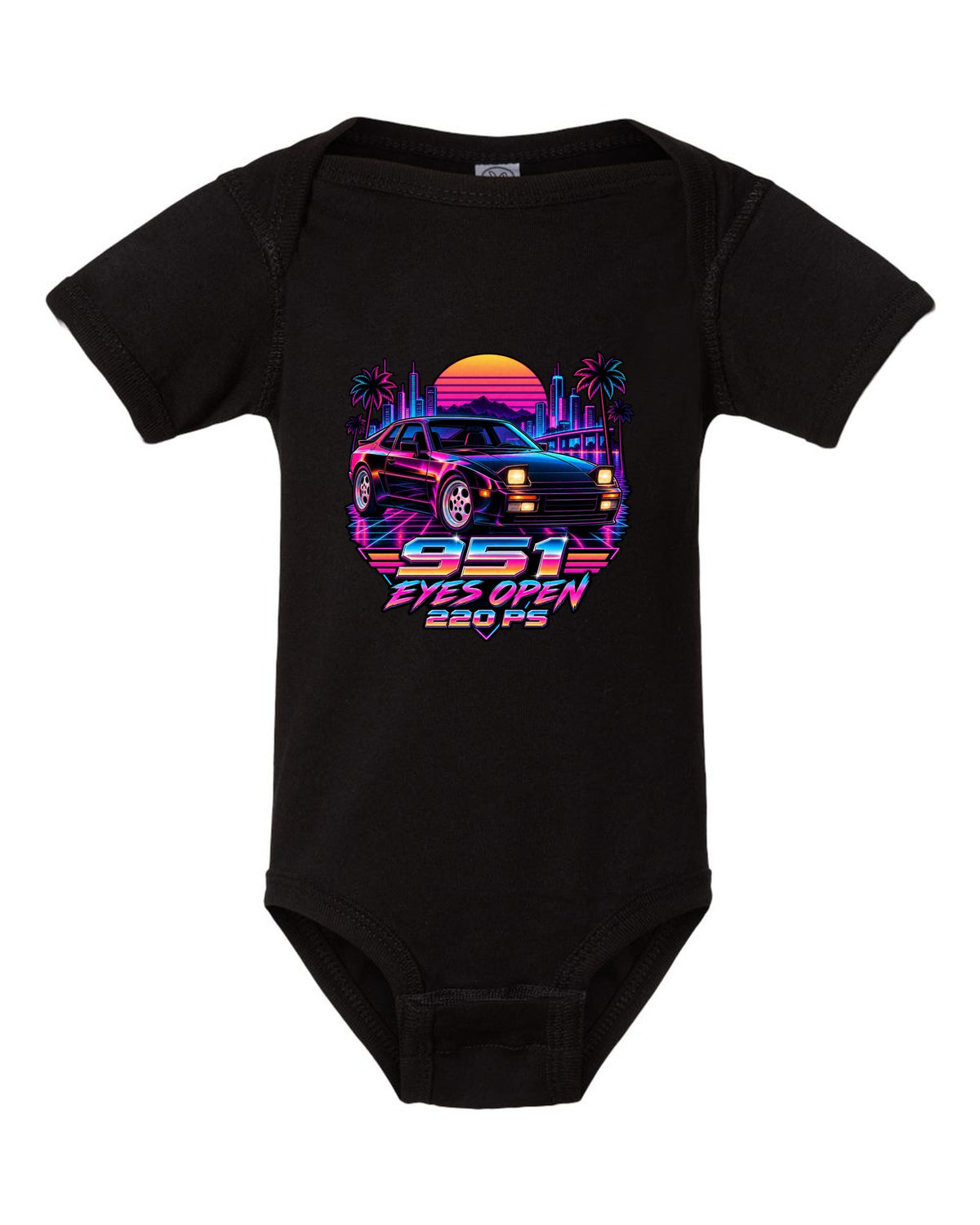 Synthwave neon Porsche 944 Turbo 951 with pop-up headlights open black baby onesie front view with the design