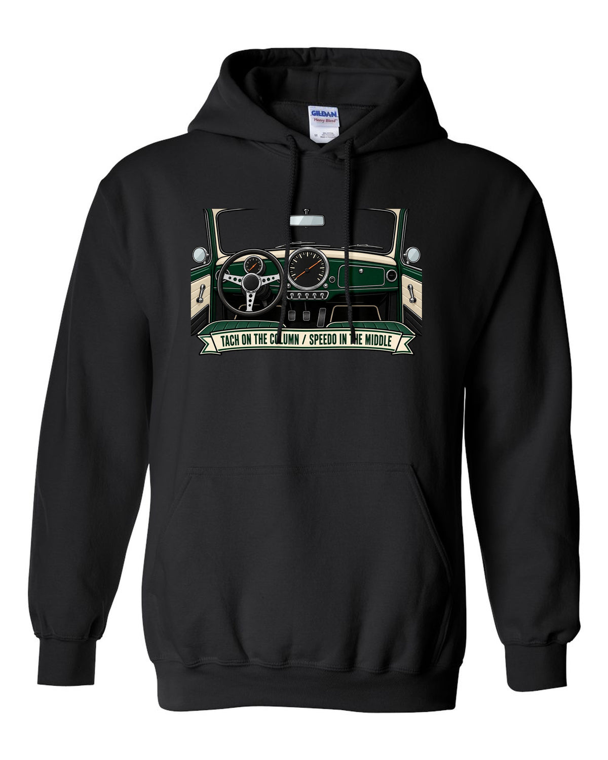 Line art of the Mini Cooper S R53 gauge cluster with column tach and central speedometer black pull over hoodie front view with the design