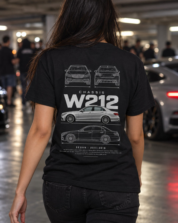 Mercedes E63 AMG (W212) sedan Blueprint Full-Back Graphic Tee, W212 Chassis Code T-Shirt Black worn hero