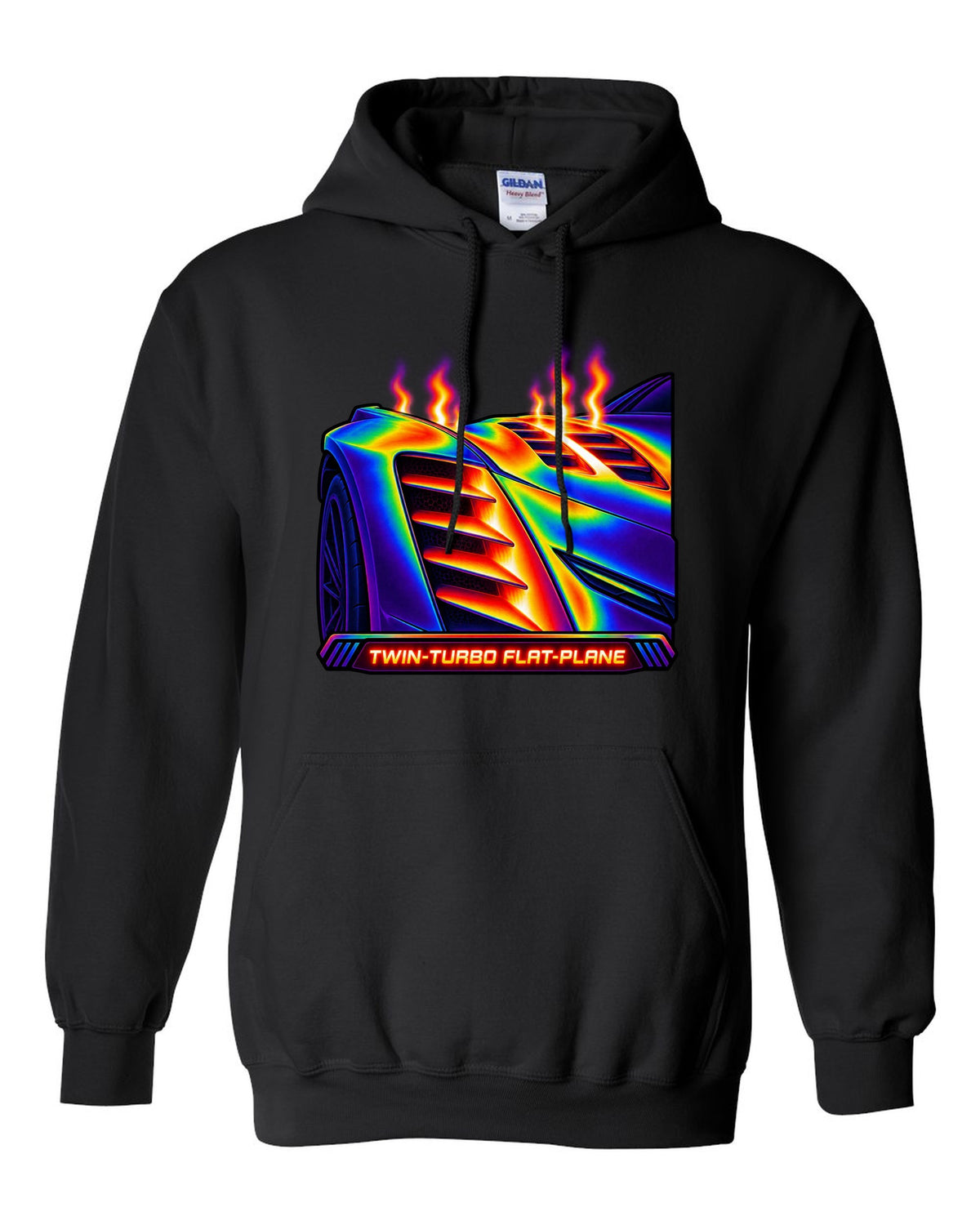 Infrared thermal gradient print of a fender vent on a 2025 Chevrolet Corvette C8 ZR1 with Twin-Turbo Flat-Plane text black pull over hoodie front view with the design