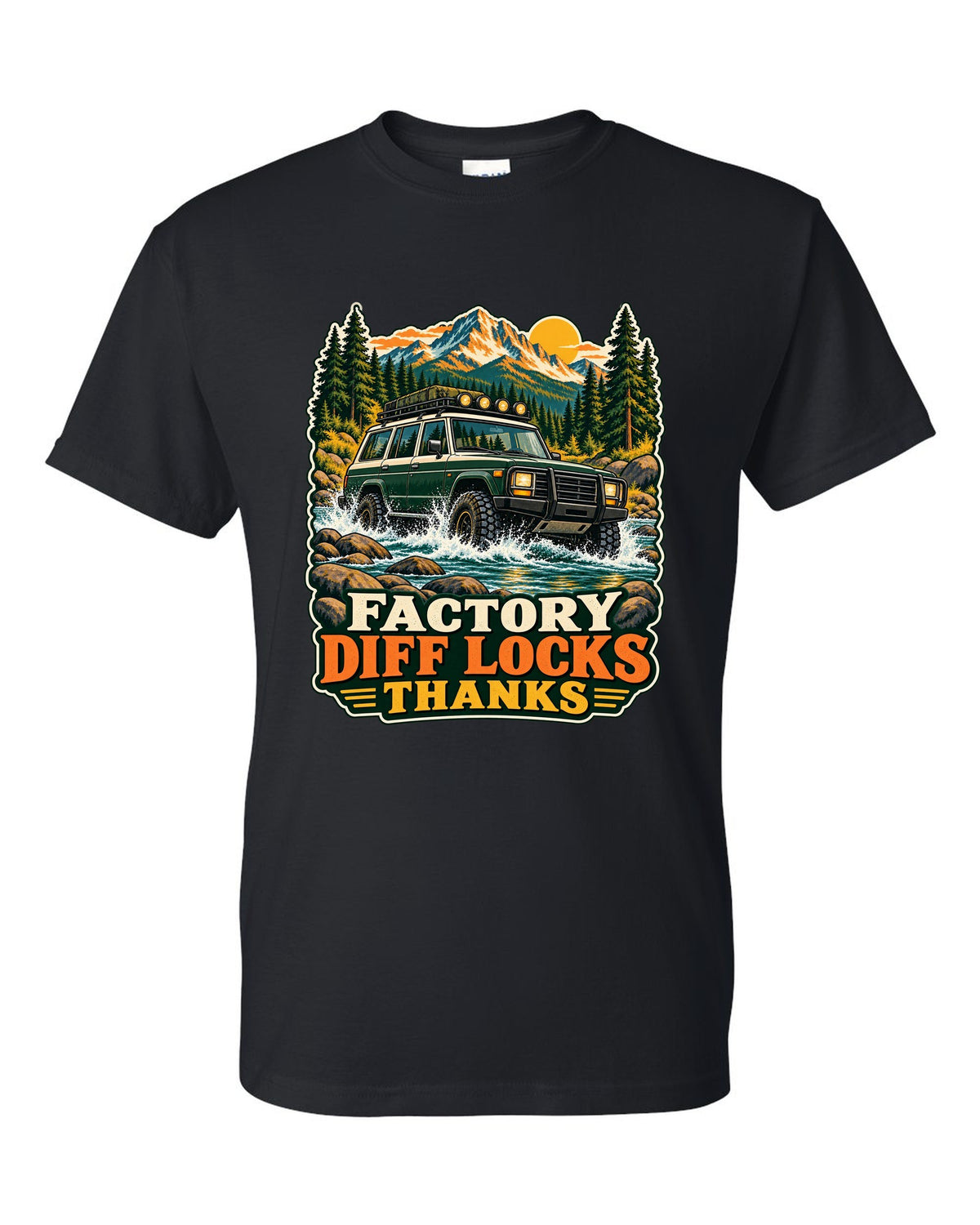 Retro national park poster of a Toyota Land Cruiser FZJ80 crossing a river with diff locks lettering black t-shirt front view with the design