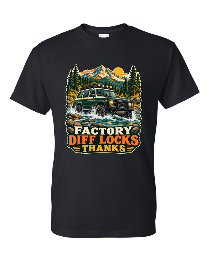 Retro national park poster of a Toyota Land Cruiser FZJ80 crossing a river with diff locks lettering black t-shirt front view with the design