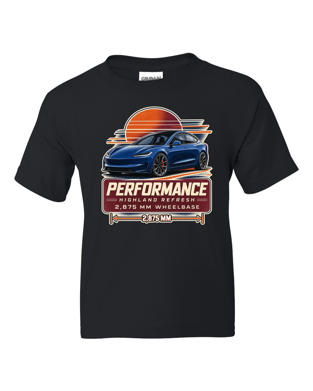 Spec poster print of a Tesla Model 3 Performance Highland refresh black kids tee front view with the design