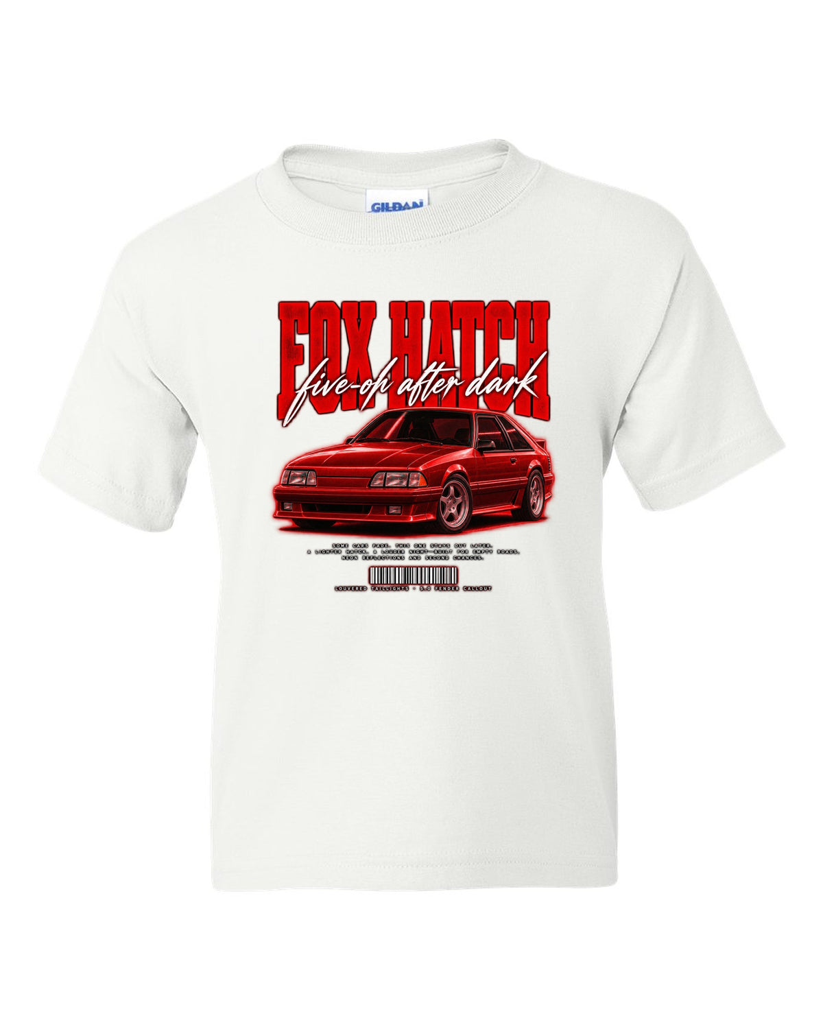 Street poster illustration of a Ford Mustang Fox body GT chback at night, five-oh after dark white kids tee front view with the design