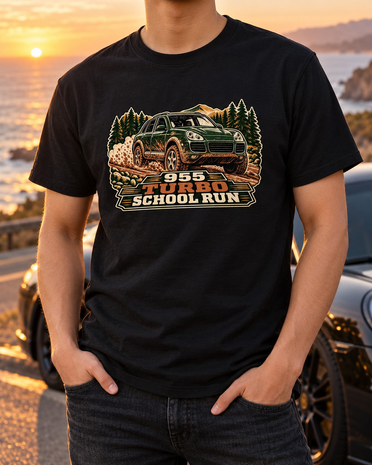 Porsche Cayenne Turbo 955 School Run Linocut Shirt, Mud T-Shirt Black worn hero