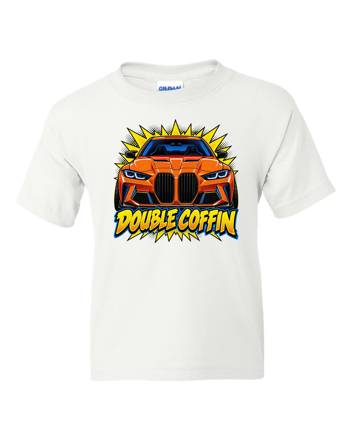 BMW G80 M3 head-on comic halftone pop art print with Double Coffin text white kids tee front view with the design
