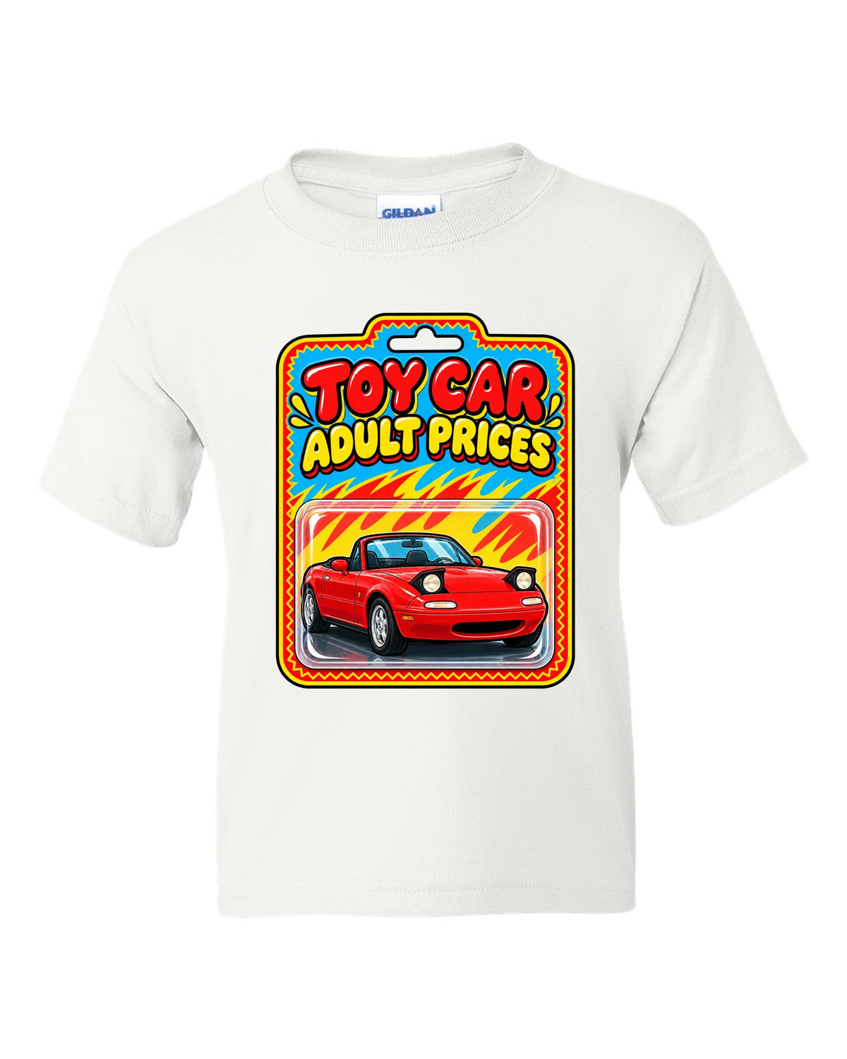 Toy car blister card style illustration of a Mazda MX-5 NA with adult prices text white kids tee front view with the design