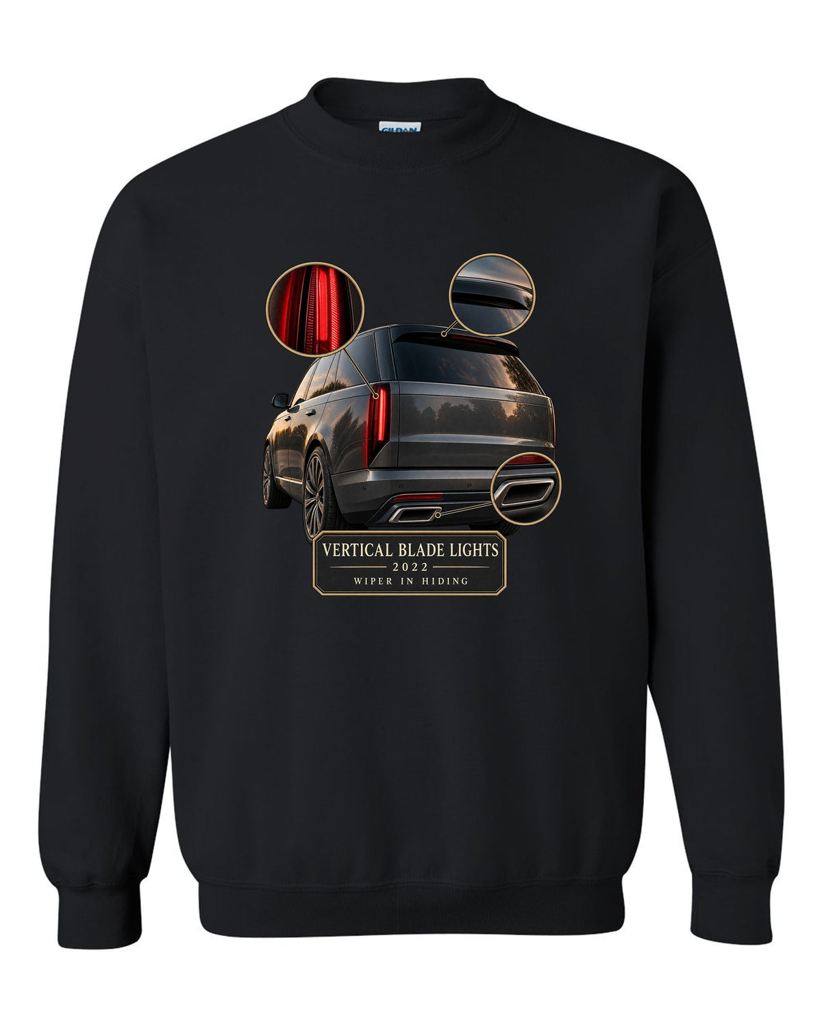 Taillight macro print of the Range Rover L460 with vertical blade lights black crewneck front view with the design