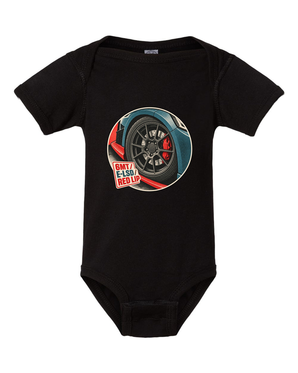 Risograph duotone print of a Hyundai Veloster N JS wheel and red front lip with 6MT E-LSD text black baby onesie front view with the design