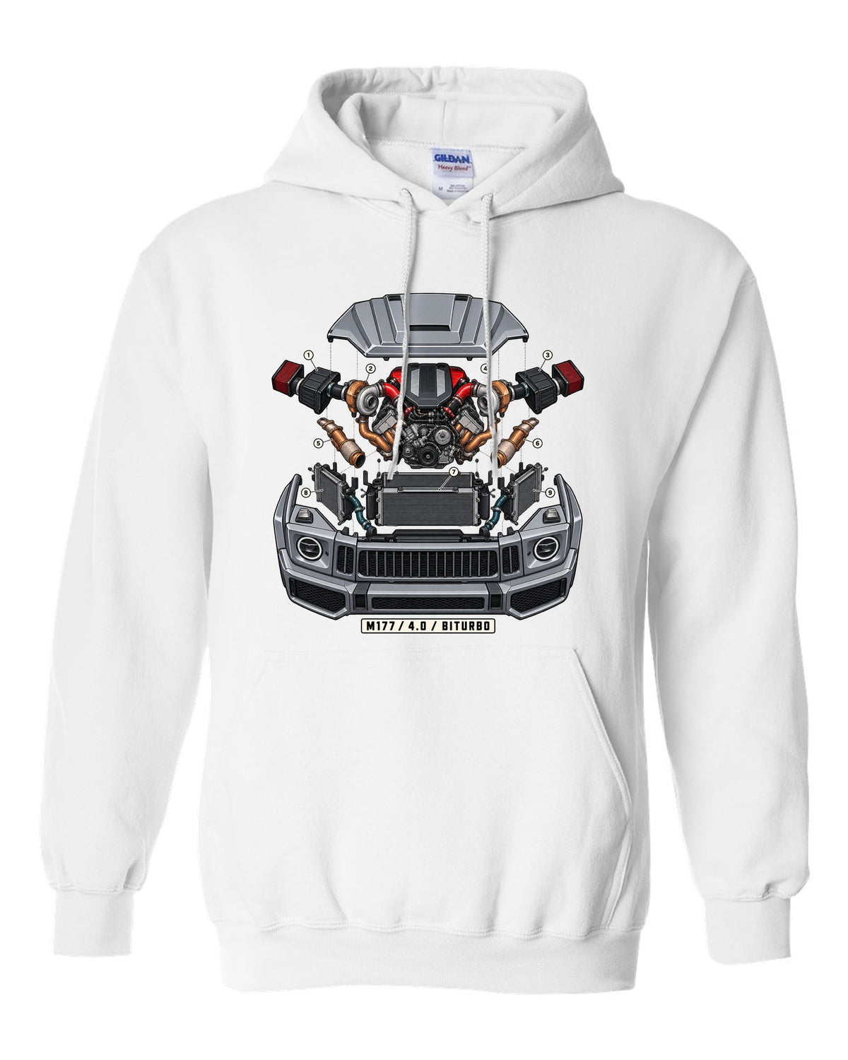 Isometric exploded engine cutaway graphic reading M177 4.0 Biturbo for the Mercedes G63 W464, print white pull over hoodie front view with the design