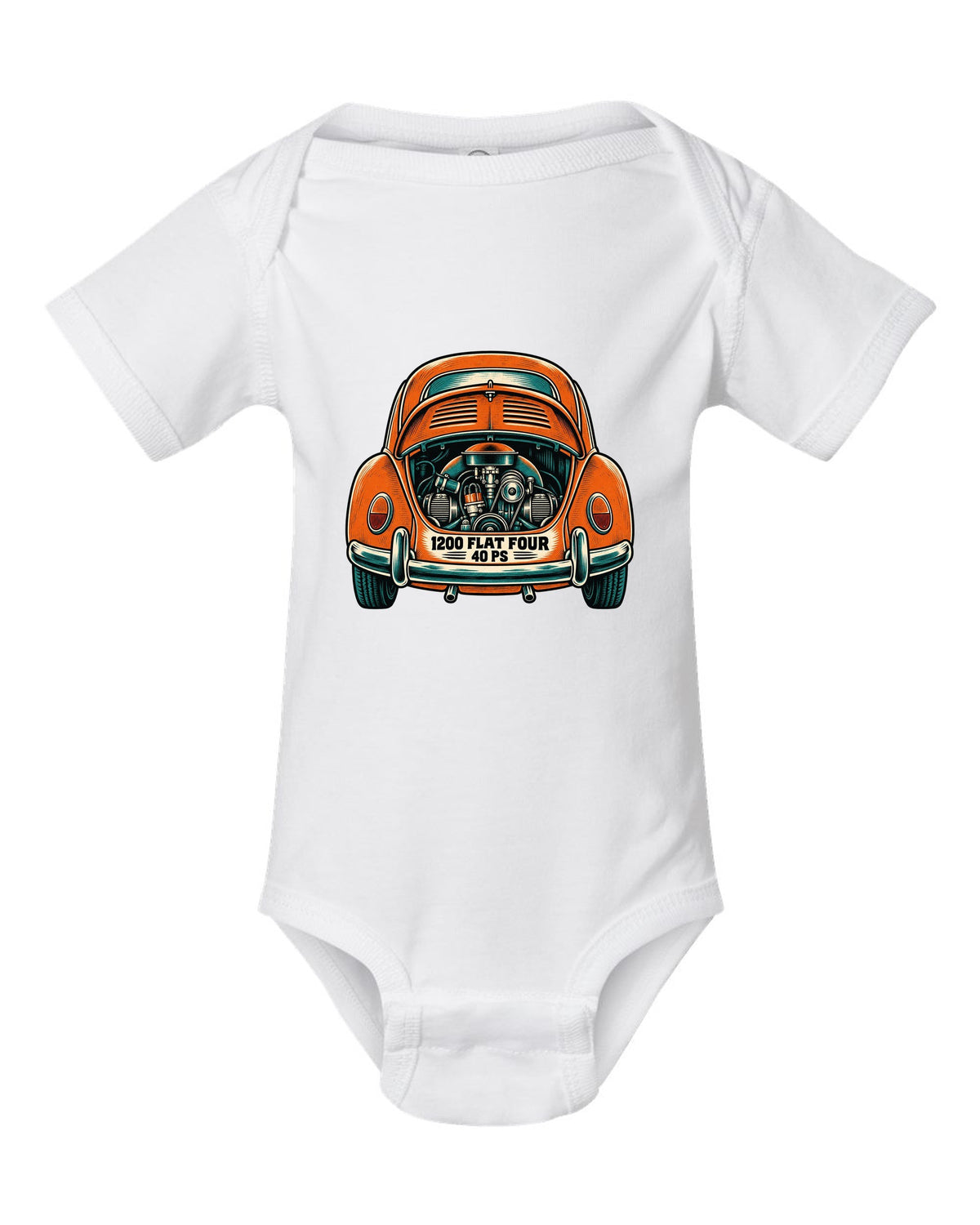 Linocut woodcut style VW Beetle Type 1 with 1200 flat four and 40 PS lettering white baby onesie front view with the design
