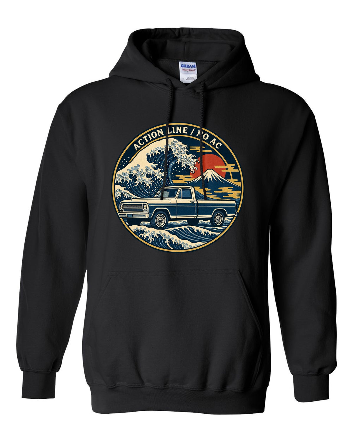 Ukiyo-e woodblock wave print of a 1967-72 Chevrolet C10 Action Line Fleetside with Action Line no AC lettering black pull over hoodie front view with the design