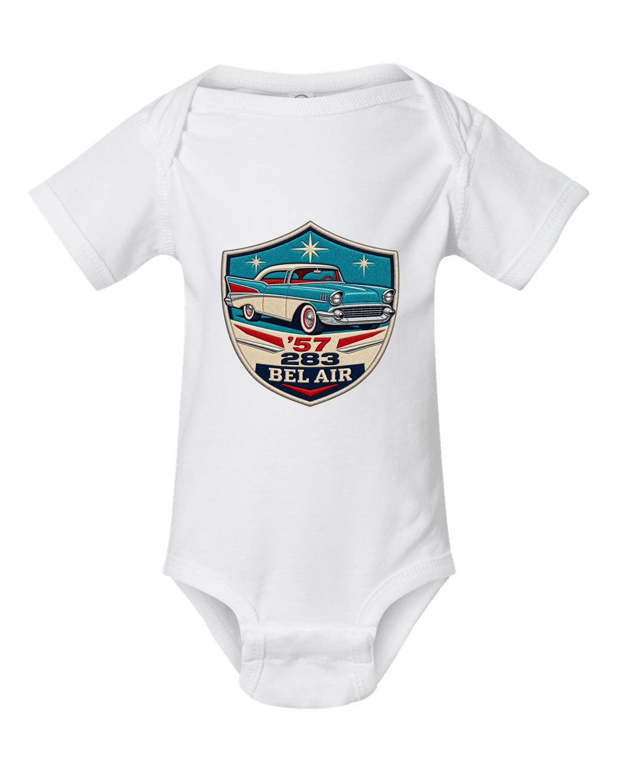 Original shield crest print for a 1957 Chevrolet Bel Air with 283 lettering white baby onesie front view with the design
