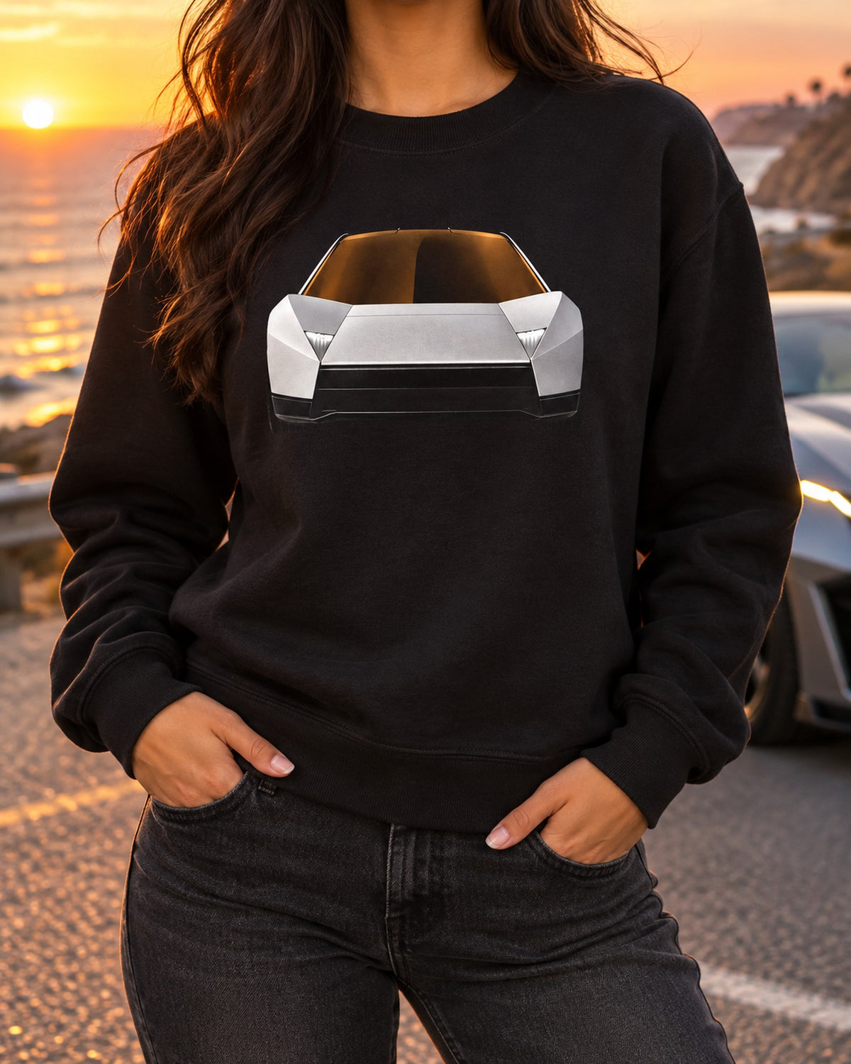Tesla Roadster Light Bar Shirt, Hoodie & More Crewneck Black worn hero