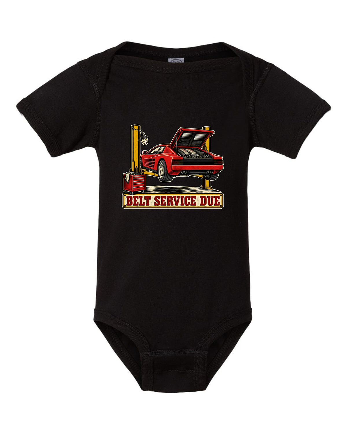 Two-colour linocut of Ferrari Testarossa with belt service due text black baby onesie front view with the design