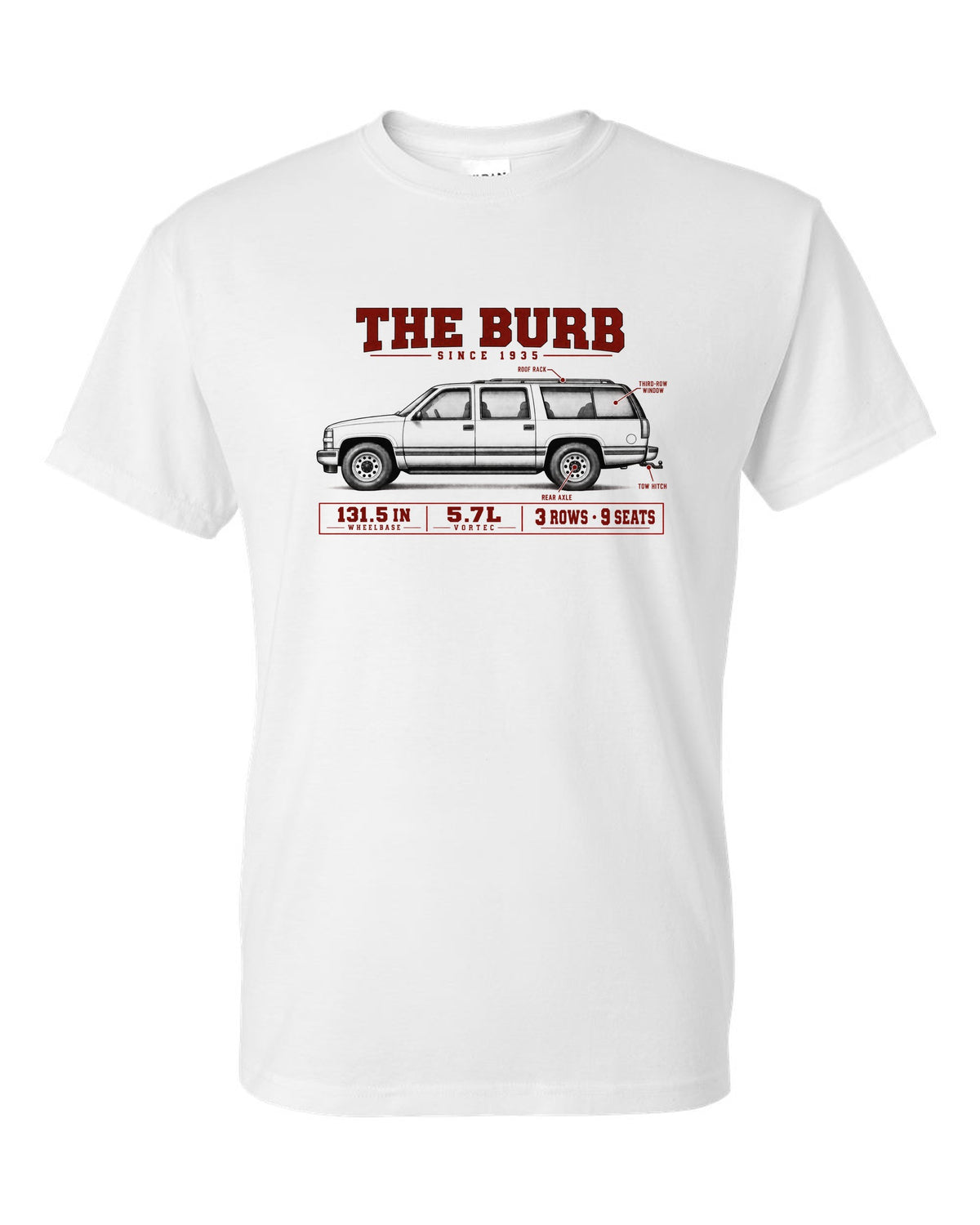 1992-99 Chevy Suburban GMT400 spec poster print white t-shirt front view with the design