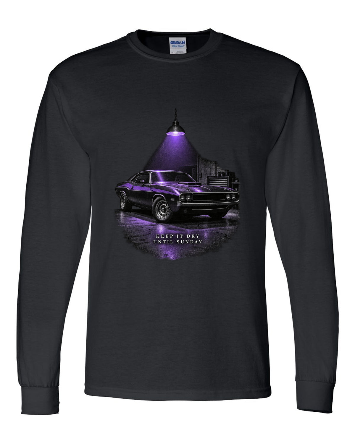 Garage night print of a Plum Crazy 1970 Dodge Challenger R/T with keep it dry until Sunday text black long sleeve front view with the design