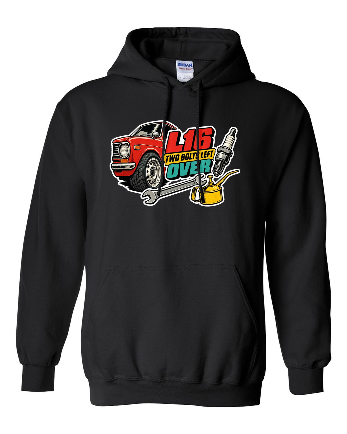 Datsun 510 wheel and fender sticker-bomb collage with L16 text on the front of a shirt black pull over hoodie front view with the design