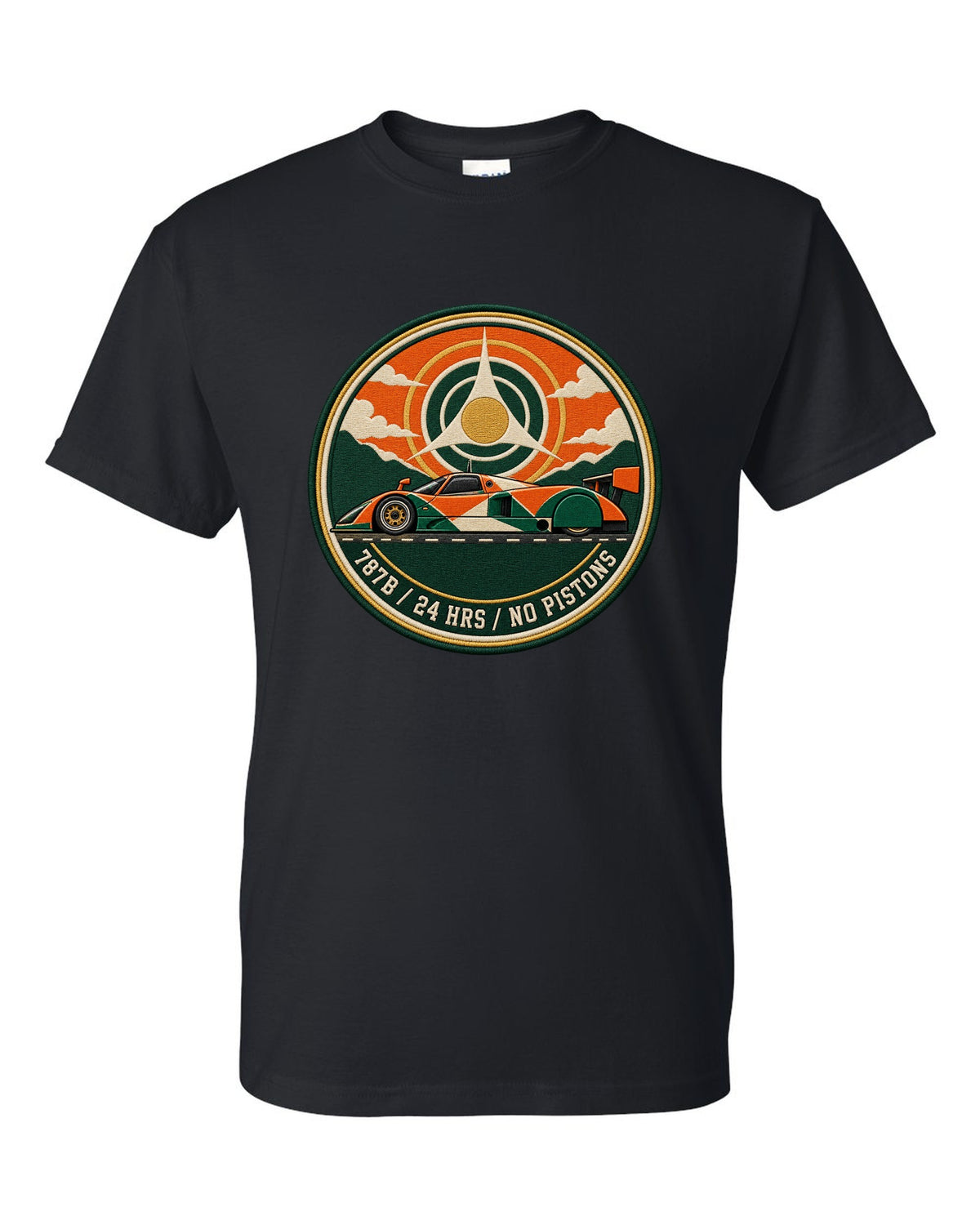 Varsity crest print of the Mazda 787B with 24 hrs and no pistons lettering black t-shirt front view with the design