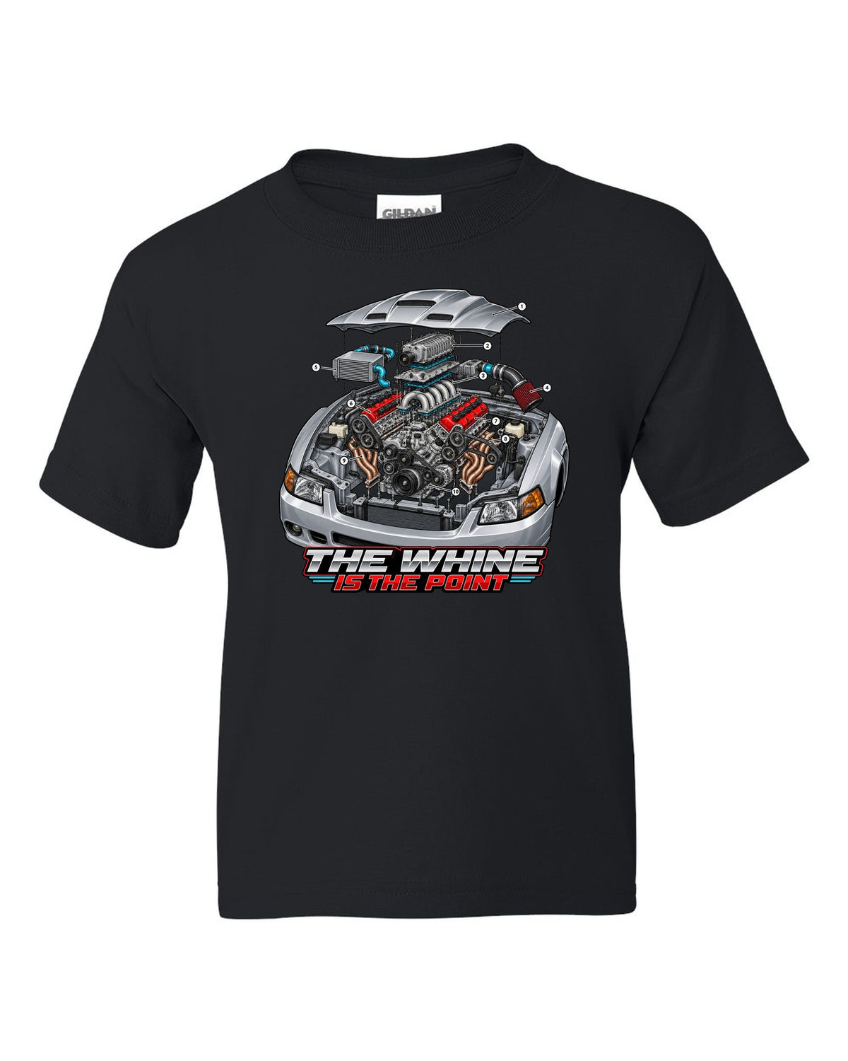 Exploded engine cutaway print of a supercharged Ford Mustang SN95 Terminator-spec black kids tee front view with the design