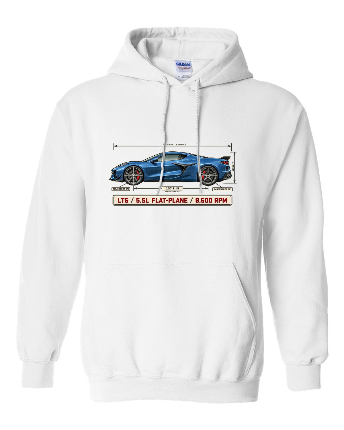 Dimension blueprint print of a Chevrolet Corvette C8 Z06 with LT6 5.5L flat-plane text white pull over hoodie front view with the design