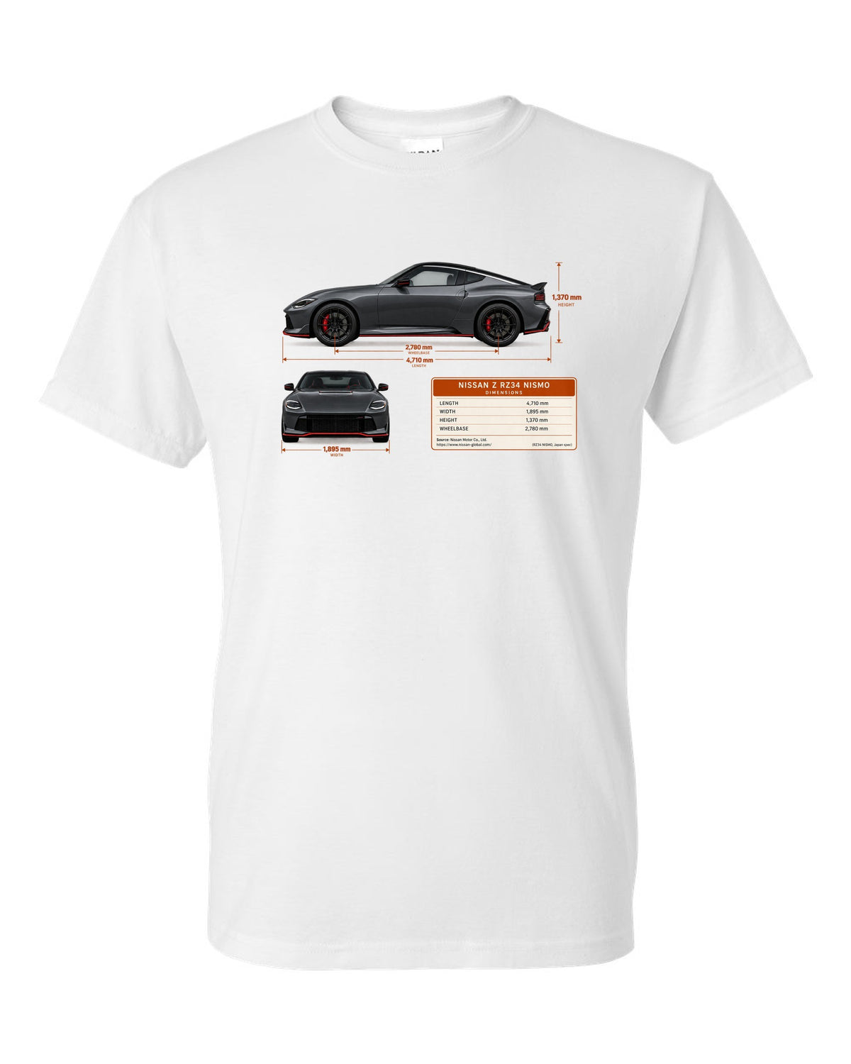 Orange 2024 Nissan Z RZ34 Sport rear view with taillight, ducktail lip and twin round tips white t-shirt front view with the design