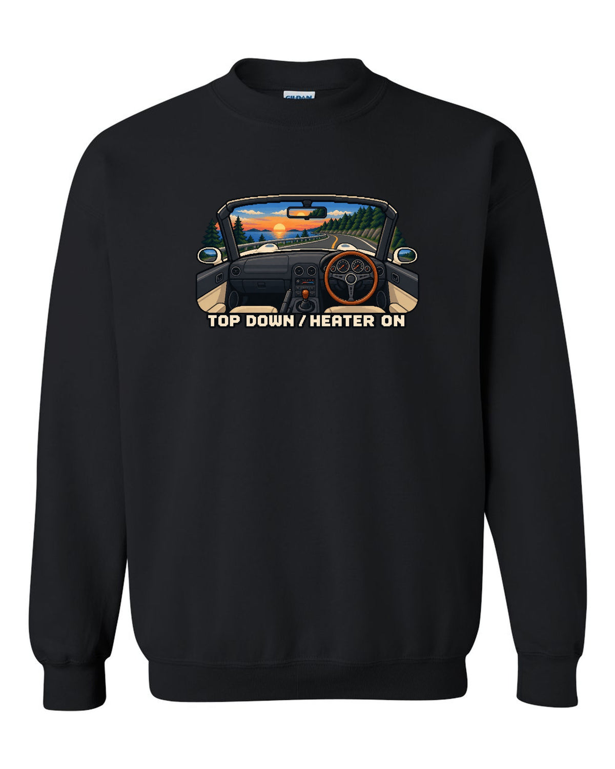 Cel-shaded 90s anime night scene of a Mazda RX-7 FD3S under sodium lights black crewneck front view with the design
