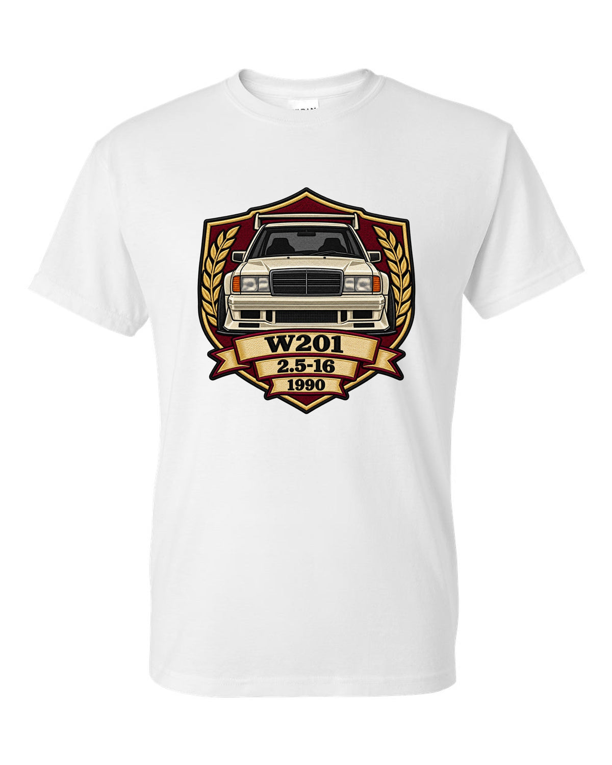 Embroidery-style shield crest print of a Mercedes-Benz 190E Evo II W201, 2.5-16, 1990 white t-shirt front view with the design