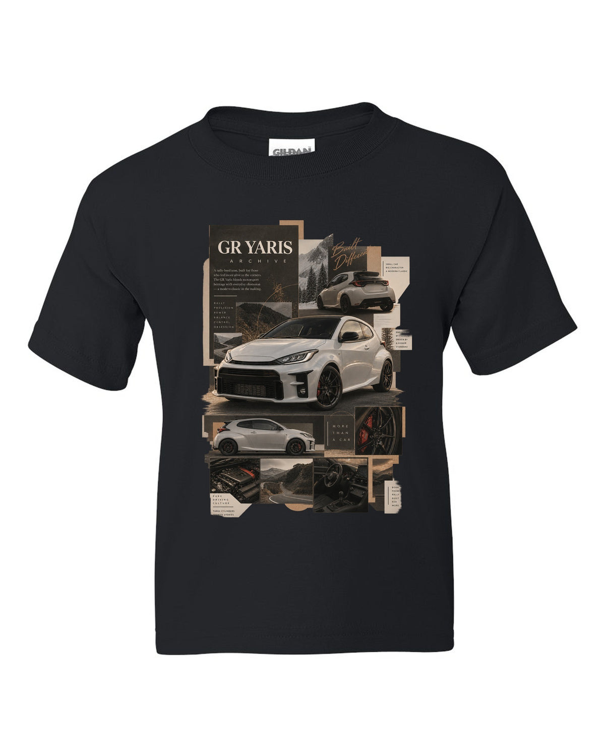 Three-view spec sheet of the Toyota GR Yaris XP210 three-door black kids tee front view with the design
