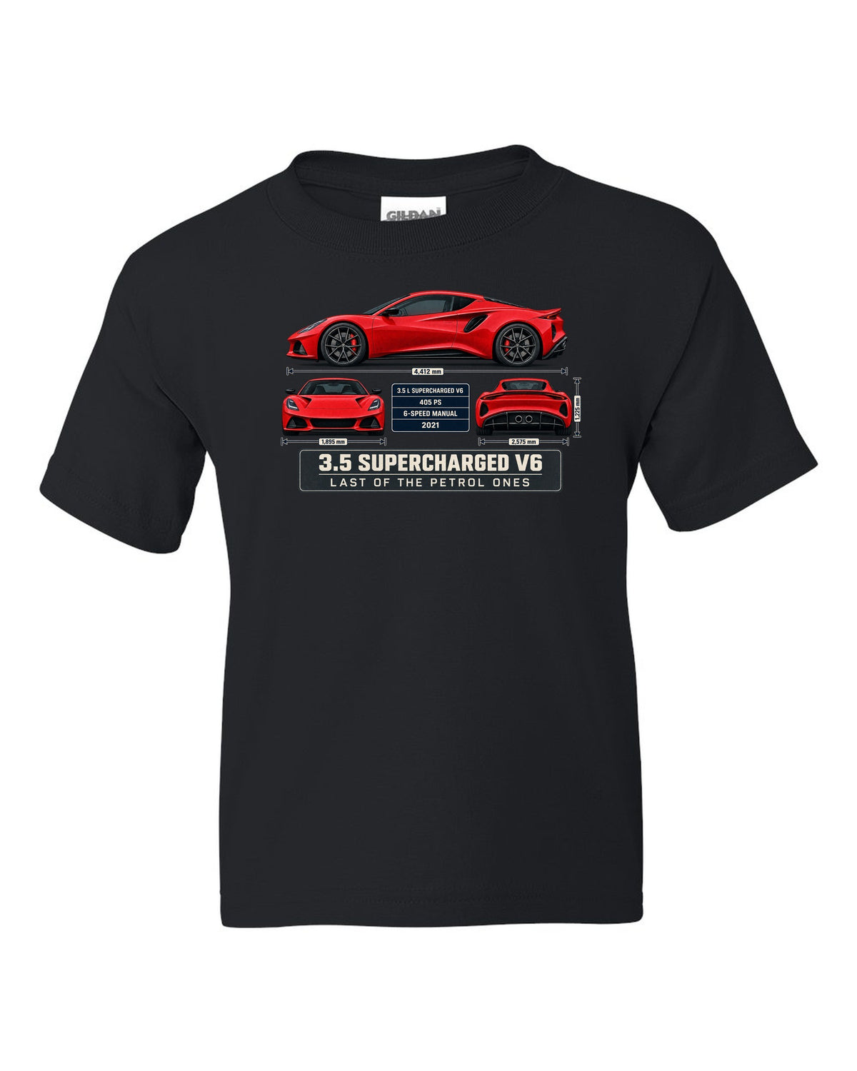 Lotus Emira V6 First Edition Spec Poster Tee, 3.5 Supercharg black kids tee front view with the design