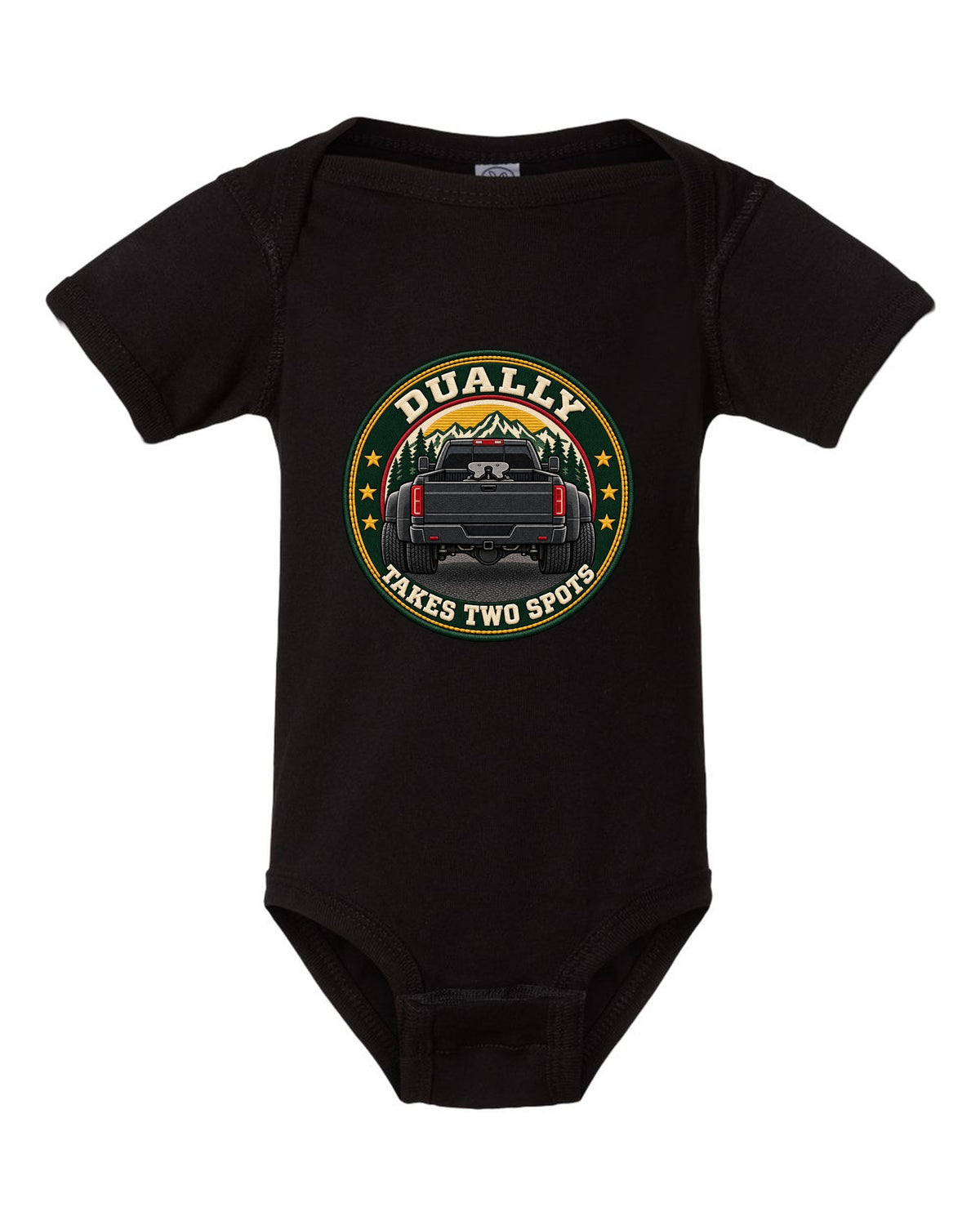 Varsity crest print for a 2019-2024 Ram HD 3500 dually with fifth wheel and takes two spots text black baby onesie front view with the design