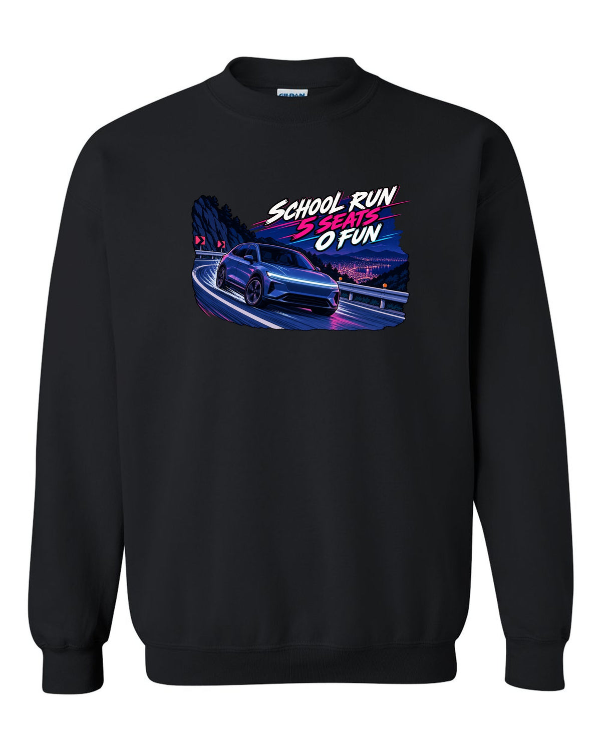 Cel-shaded 90s anime night touge print of a Tesla Model Y Juniper reading School Run 5 Seats 0 Fun black crewneck front view with the design