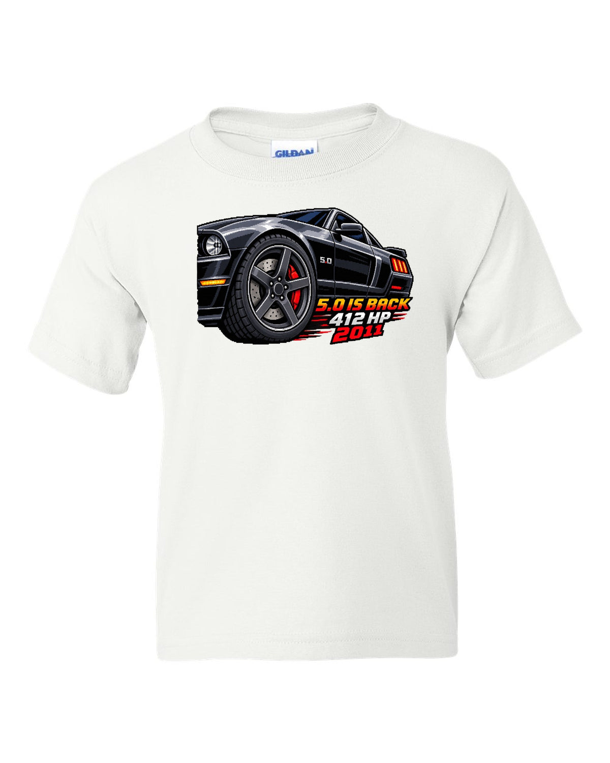 16-bit pixel art print of a Ford Mustang S197 GT wheel with 5.0 is back 412 HP text white kids tee front view with the design