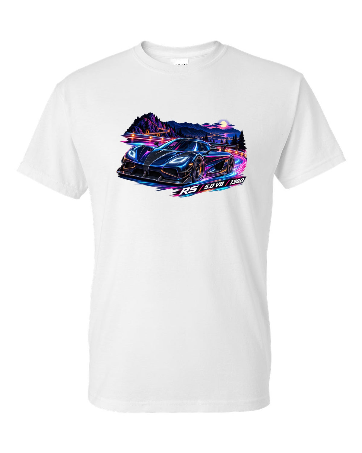 Cel-shaded anime night mountain pass illustration of a Koenigsegg Agera RS with RS 5.0 V8 1360 lettering white t-shirt front view with the design