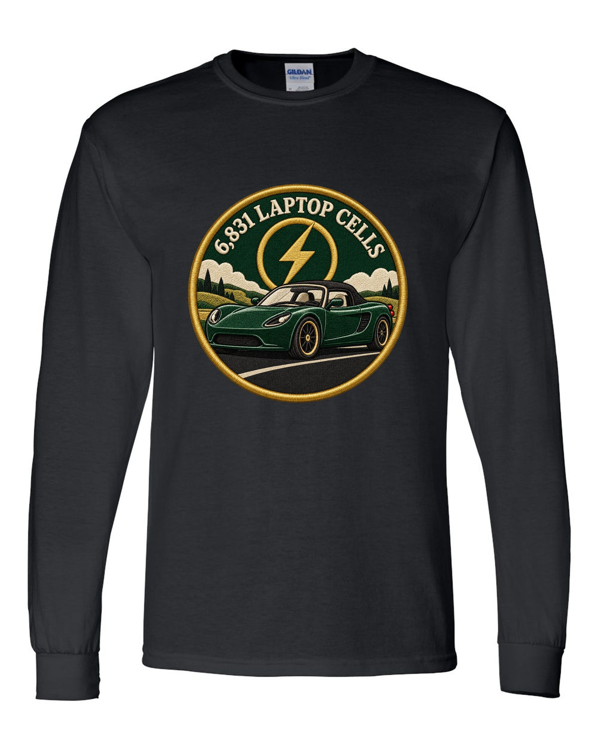 Round crest print of a Tesla Roadster Gen 1 reading 6,831 Laptop Cells black long sleeve front view with the design