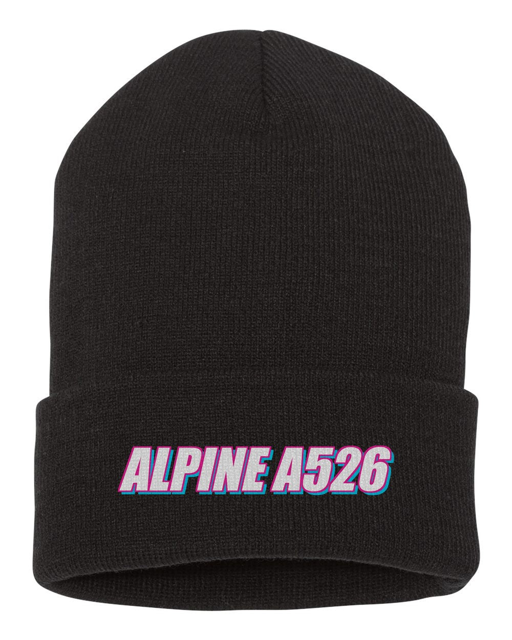 Alpine A526 black beanie front view with car name
