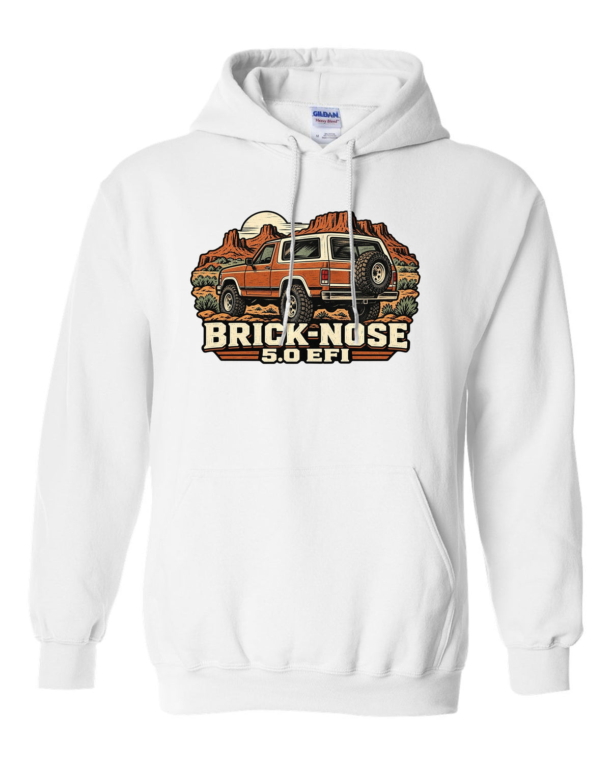 Ford Bronco Brick-Nose 1987-1991 rear in a linocut woodcut print white pull over hoodie front view with the design