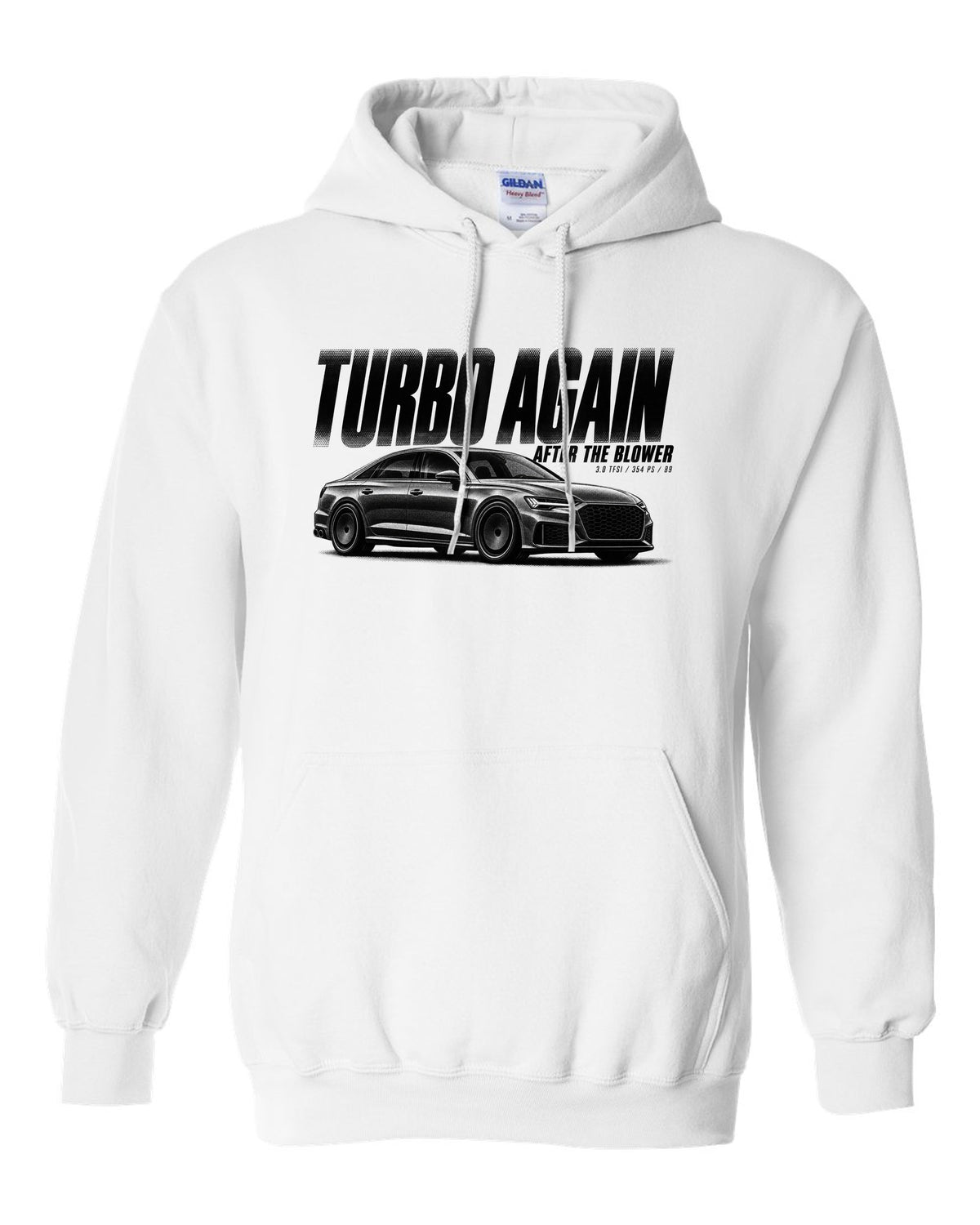 Audi S4 B9 Sedan Halftone Statement print white pull over hoodie front view with the design