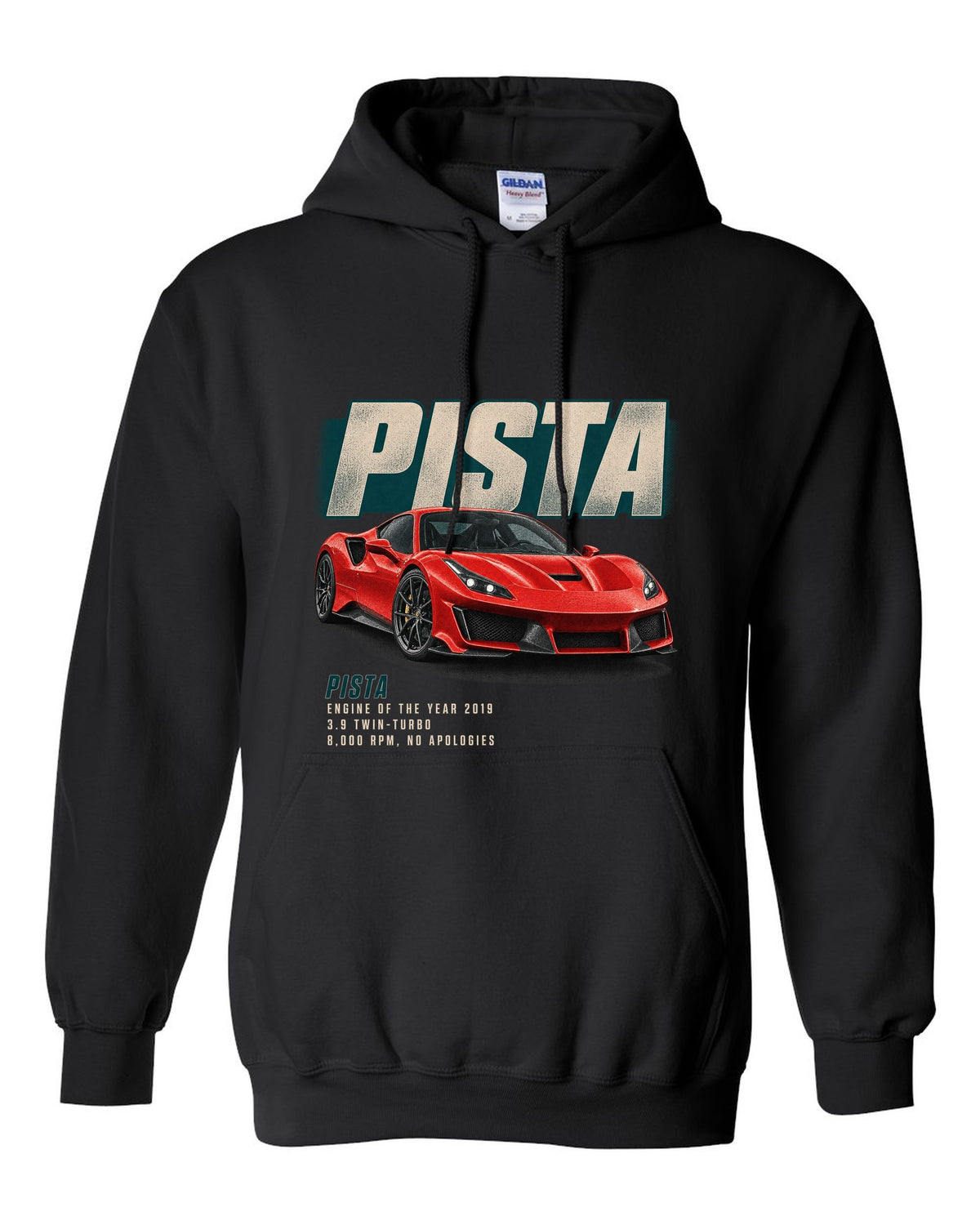 Editorial headline print of a red Ferrari 488 Pista in front three-quarter view black pull over hoodie front view with the design
