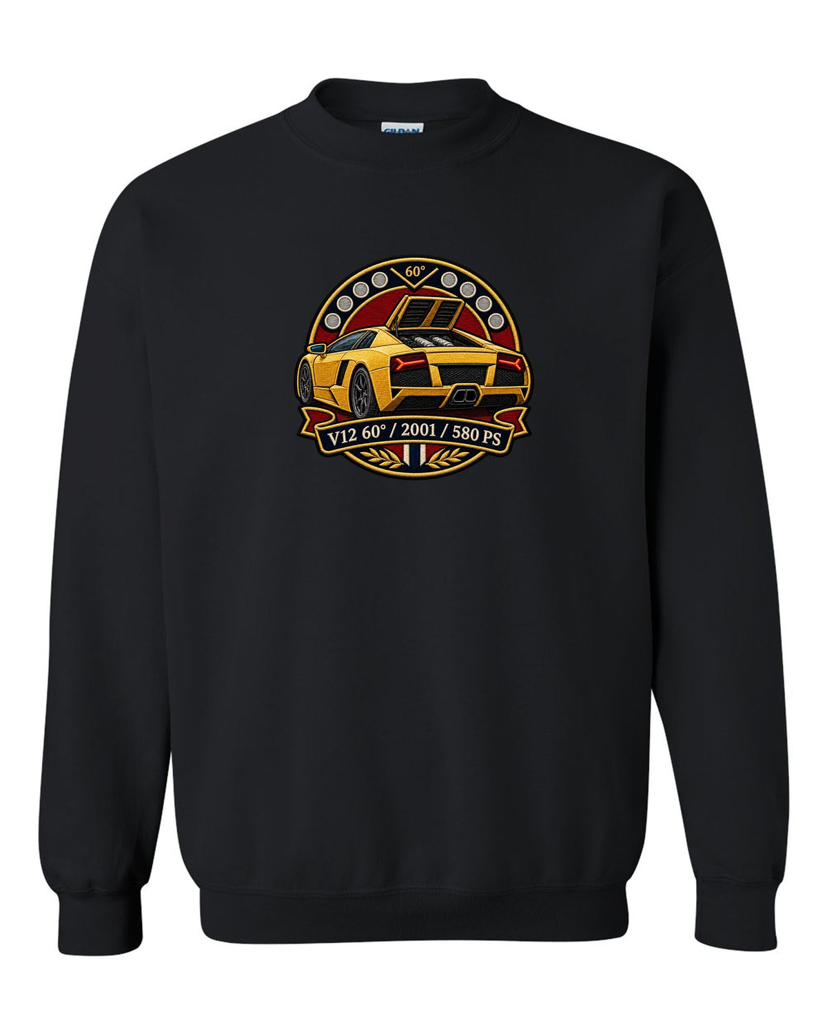 Embroidery-style varsity crest design of a 2001 Lamborghini Murcielago with V12 and 580 PS text black crewneck front view with the design