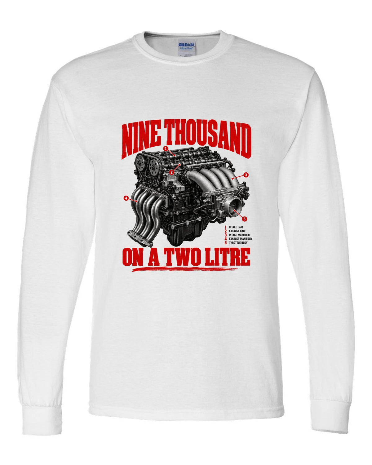 Honda S2000 AP1 roadster engine hero design with nine thousand on a two litre text white long sleeve front view with the design