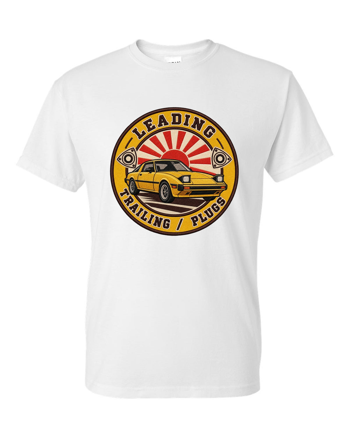 Embroidery-style roundel crest of a Mazda RX-7 SA22C with rotary plug text white t-shirt front view with the design