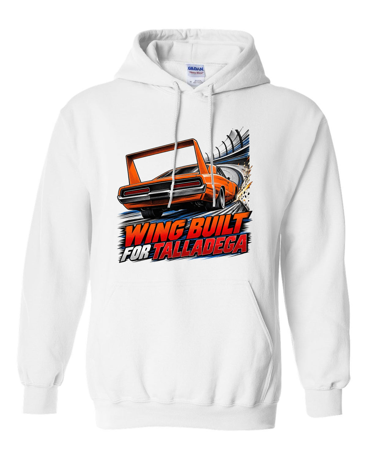 Retro manga halftone panel of a 1969 Dodge Charger Daytona with wing speed lines and Talladega text white pull over hoodie front view with the design