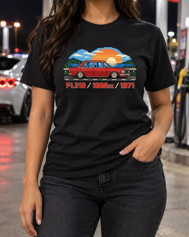 Datsun 510 PL510 Sedan 16-Bit Pixel Art Shirt, 1600cc T-Shirt Black worn hero
