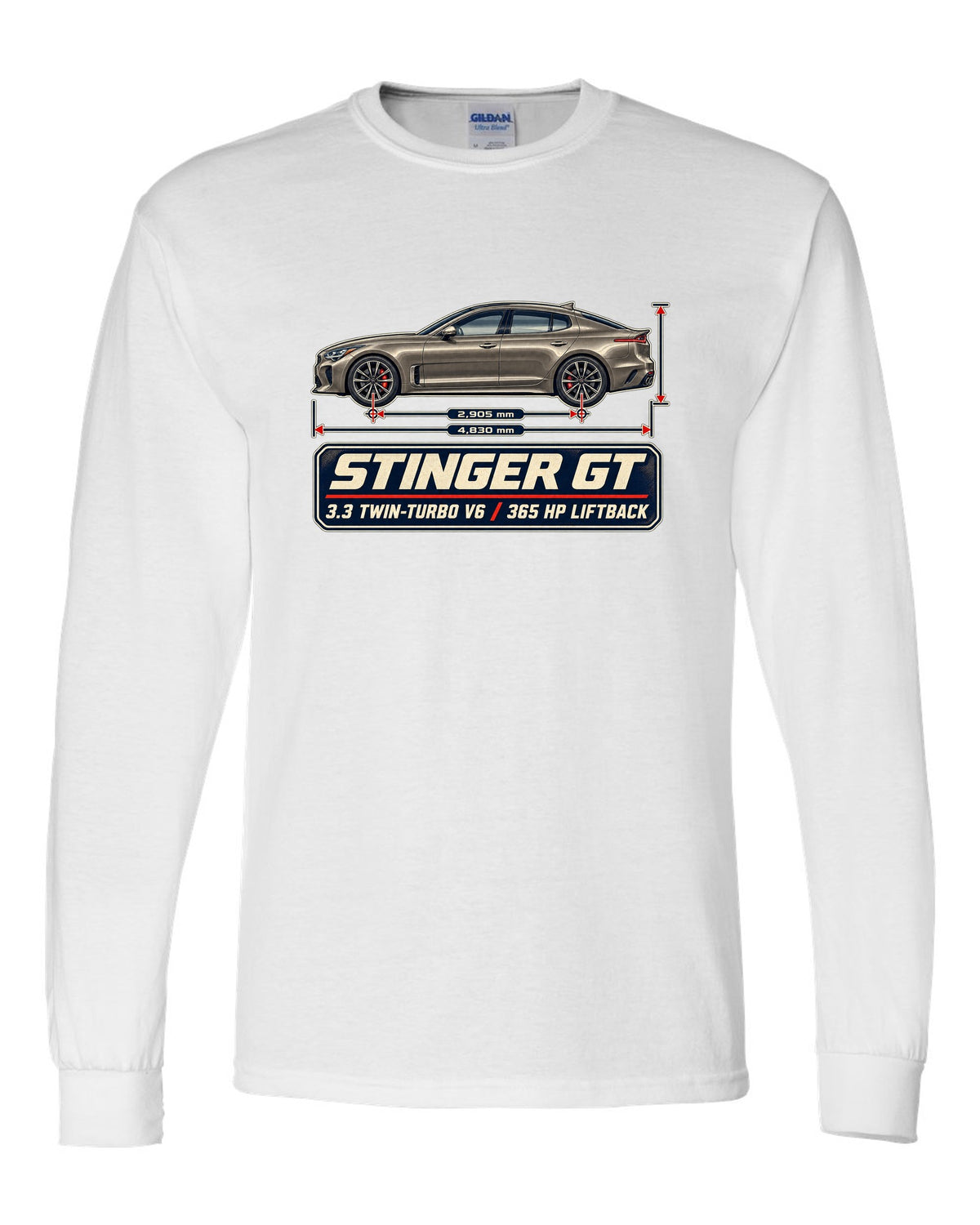 Kia Stinger GT dimension blueprint print on a shirt white long sleeve front view with the design