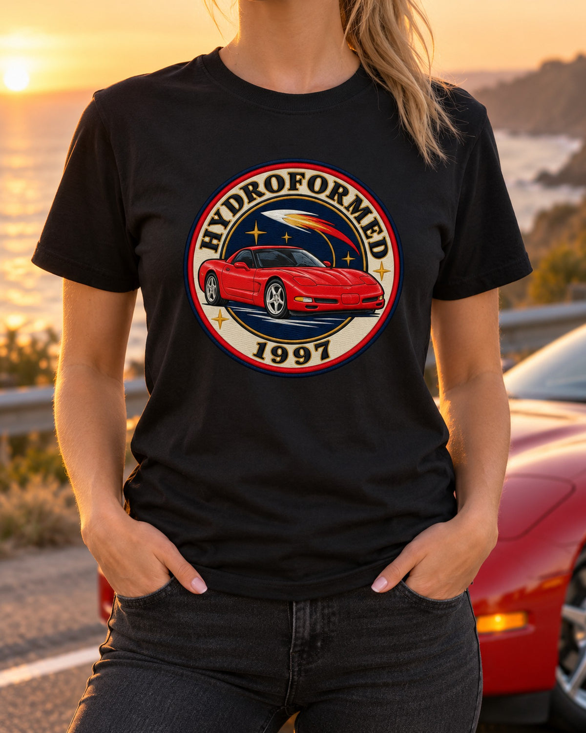 1997 Corvette C5 Fiberglass Rocket Varsity Crest Shirt, Hydroformed T-Shirt Black worn hero