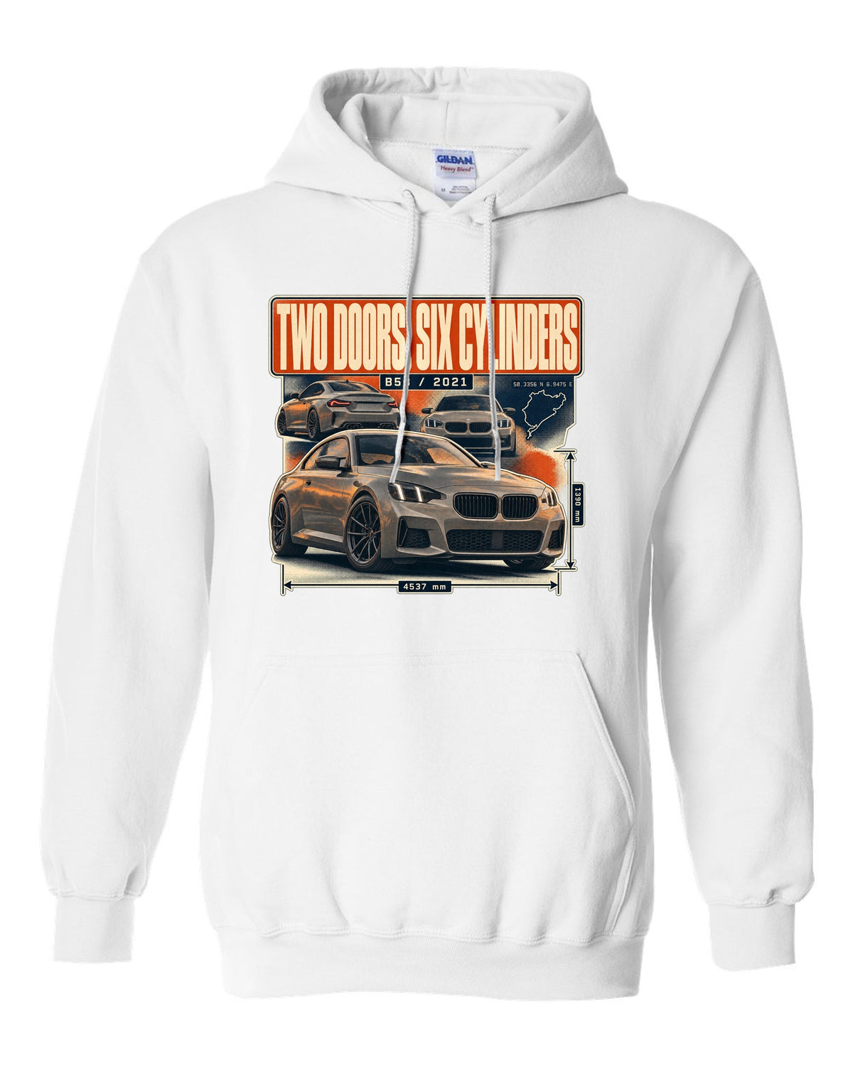 BMW M240i G42 coupe magazine-style editorial headline print white pull over hoodie front view with the design
