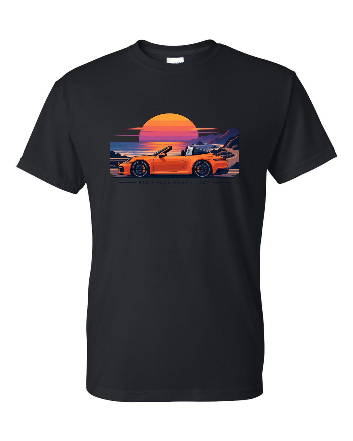 Porsche 997 GT3 RS exploded view diagram design in orange with Mezger lettering black t-shirt front view with the design