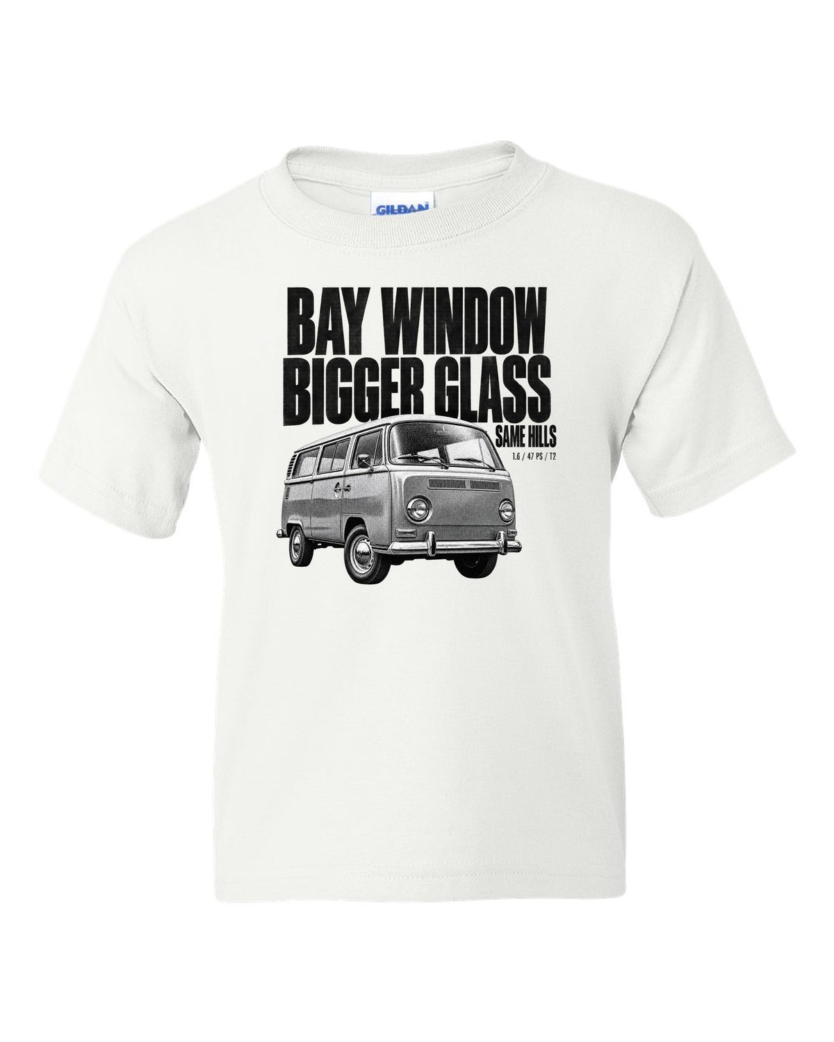 Halftone print of a VW T2 Bay Window bus front three-quarter with bigger glass same hills text white kids tee front view with the design